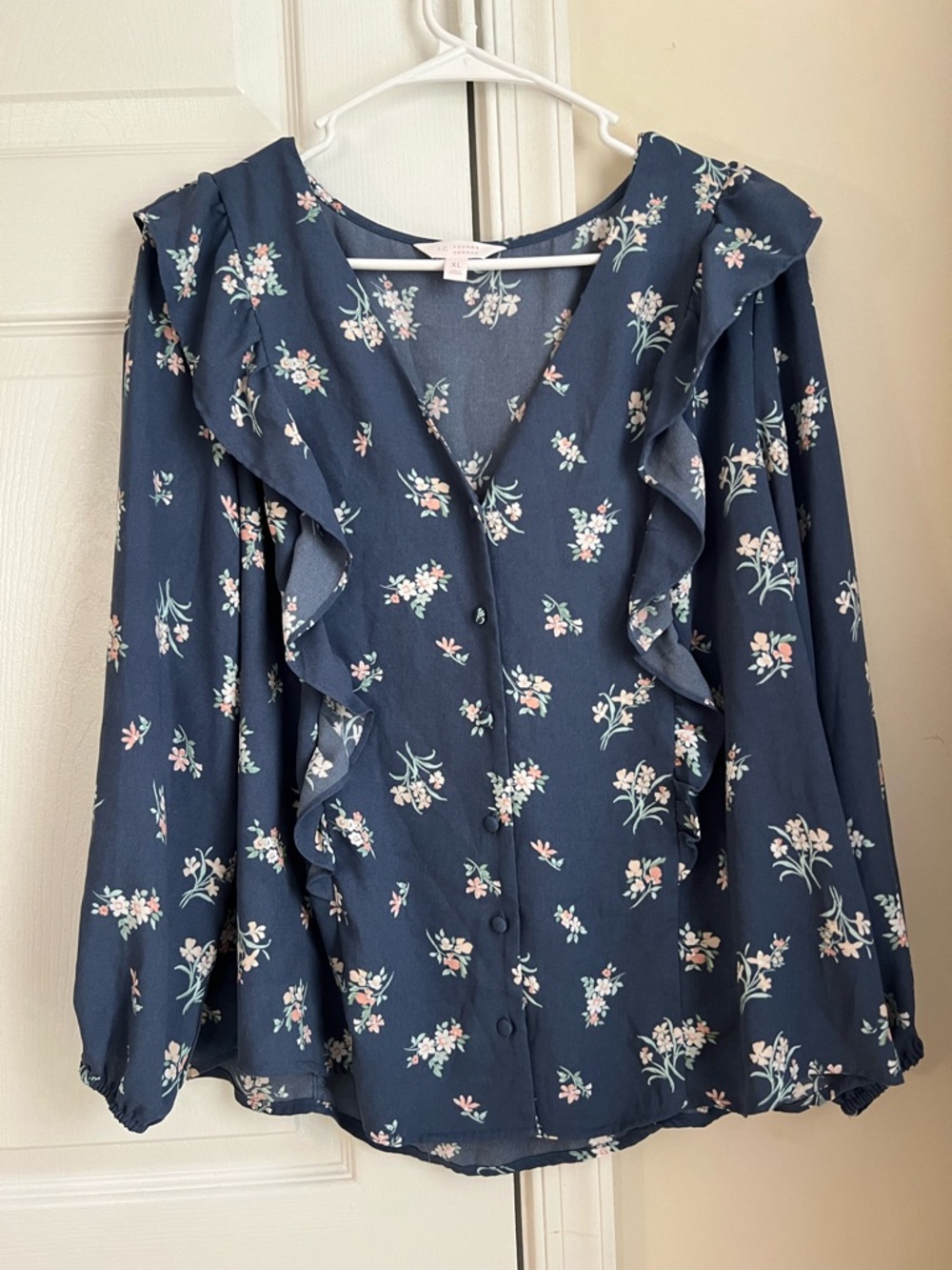 LC Lauren Conrad Blue Floral Cottagecore Ruffle Button Long Sleeve Blouse XL